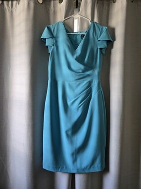 Adrianna Papell Turquoise V-Neck Midi Dress with Flutter Sleeves